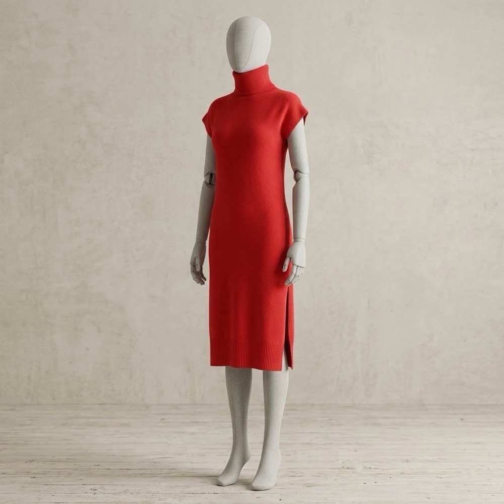 Worthington Sweater Dress Womens Medium Red Turtleneck Knit Midi Short Sleeve